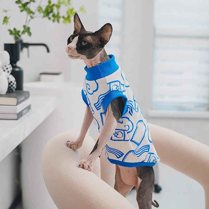 Sphynx Hairless Cat Summer Cotton T-Shirts Cat Vest Pet Clothes, Round Collar Vest Kitten Shirts Sleeveless, Cats & Small Dogs Apparel (Breakfast, L (7.5-8.8 lbs))