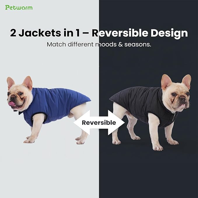 PetWarm Reversible Dog Cold Weather Coats, Waterproof Dog Puffer Vest, Vest for Dogs with Hook-and-Loop Strap, Windproof Outdoor Coat for Winter Walks and Snowy Days, Blue, XS