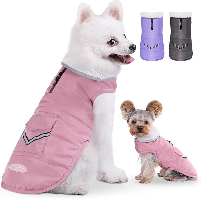 iBuddy Dog Winter Coat for Small Dogs, Easy on Dog Fleece Snow Coat Velcro Waterproof Pet Puffer Clothes with Harness Hole Adjustable Reflective Quilted Pet Cold Weather Vest Wind-poof for Girl Female