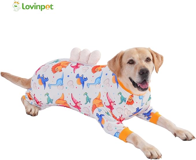 LovinPet Large Dog Pajamas, Four-Leg Stretch Onesie Bodysuit, Lightweight UV-Shielding Pajamas, Anti-Lick Calming Recovery Suit for Surgery, 3D Dino Egg Spikes, Easy on/Off， White， XL