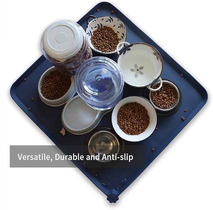 Hoki Found XX-Large Silicone Pet Food Mats - Non-Slip Dog & Cat Bowl Placemats - Waterproof Feeding Mats - Ink Indigo