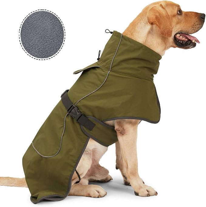 Green S Dog Raincoat - Waterproof Winter Jacket with Velvet Inner, Reflective Strip
