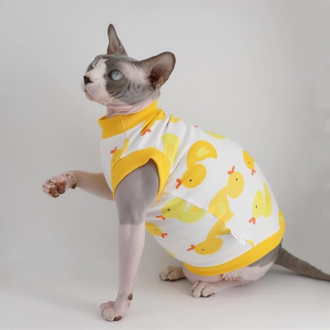 Sphynx Hairless Cat Summer Cotton T-Shirts Cat Vest Pet Clothes,Round Collar Vest Kitten Shirts Sleeveless, Cats & Small Dogs Apparel (Large, Yellow Ducks)
