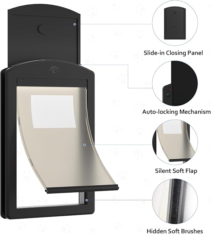 [Classicmacher] Plastic Dog Doggy Door with Magnetic Soft Flap,Medium,Black | Medium Dog Door for Interior&Exterior doors,Plastic Doggy Door with Sliding Lock Panel for Wood,PVC,Metal&Panel Doors