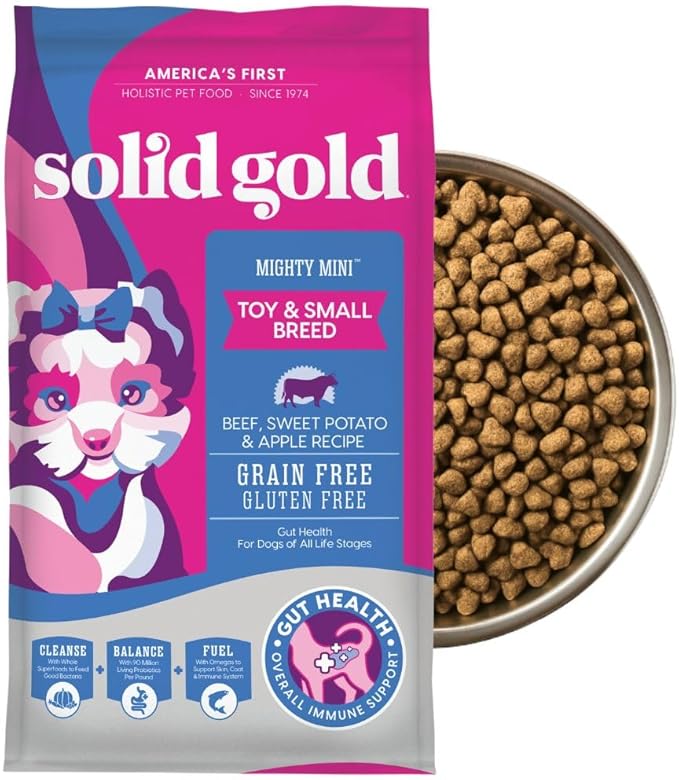 Solid Gold Toy & Small Breed Dry Dog Food Small Bites – Real Beef, Grain Free, Gluten Free, High Fiber Kibble with Probiotics for Gut Health & Digestion Support – Healthy Dog Food All Ages – 11LB