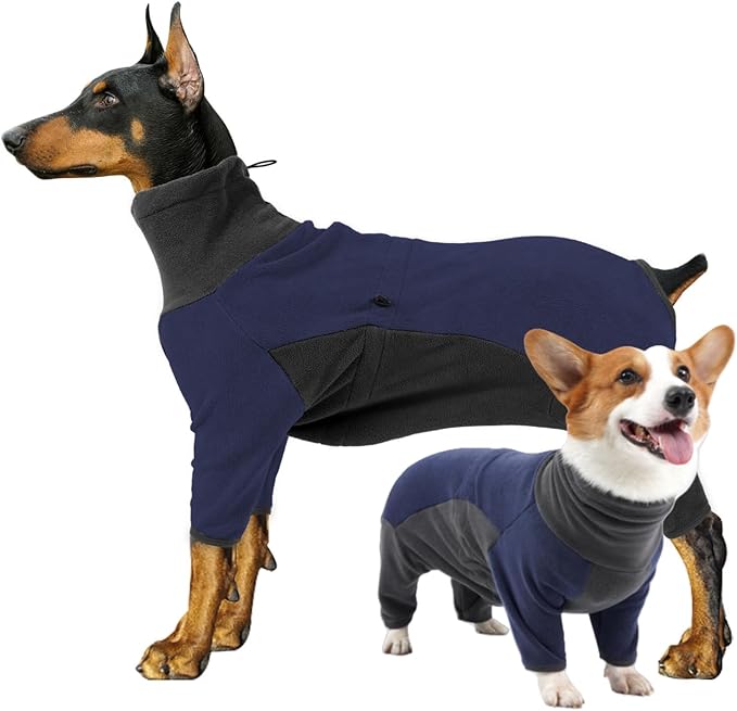Dog Winter Coat - Soft Warm Pajamas, Windproof Fleece Dog Sweatshirt, Cold Weather Clothes, High Neck Full Body Onesie for Walking, Hiking, Travel, Home Wear, Blue Grey M