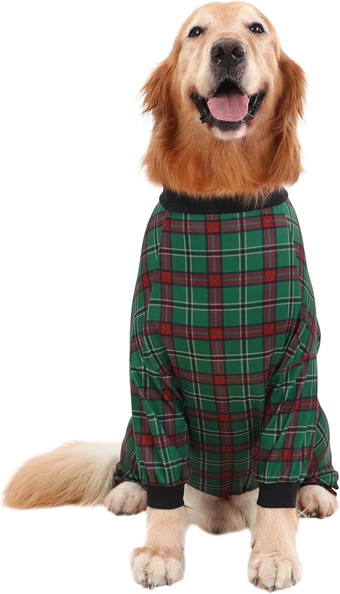 HDE Dog Pajamas One Piece Jammies Jumpsuit Pet Clothes Outfit Stretchy Lightweight Comfy Shirt Pjs for M-3XL Dogs Holiday Plaid - XL