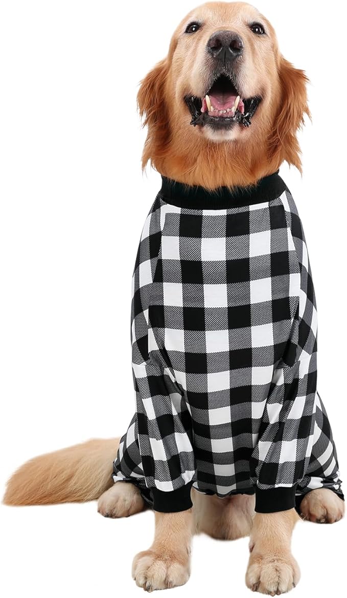 HDE Dog Pajamas One Piece Jammies Jumpsuit Pet Clothes Outfit Stretchy Lightweight Comfy Shirt Pjs for M-3XL Dogs Black & White Buffalo Plaid - L