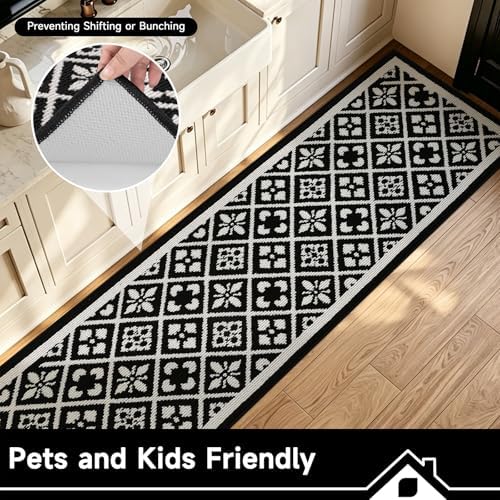 Ileading Hallway Runner Rug 2x10 ft,Washable Indoor Black Entryway Carpet with Non Slip Rubber Backing,Low Pile Heavy Duty Kitchen Floor Mat for Entrance & High Traffic Areas