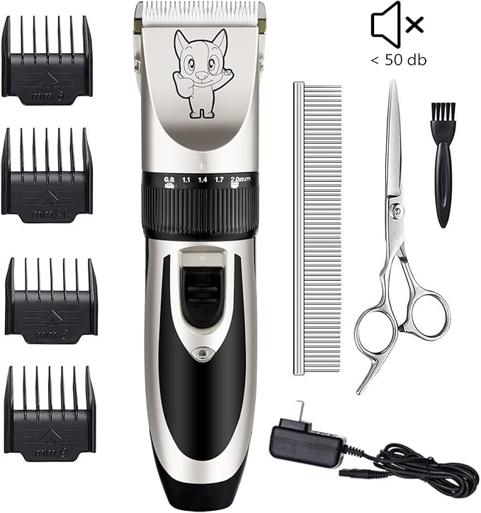 Dog Grooming Kit Clippers, Low Noise, Electric Quiet, Rechargeable, Cordless, Pet Hair Thick Coats Clippers Trimmers Set, Suitable for Dogs, Cats, and Other Pets (Silver)