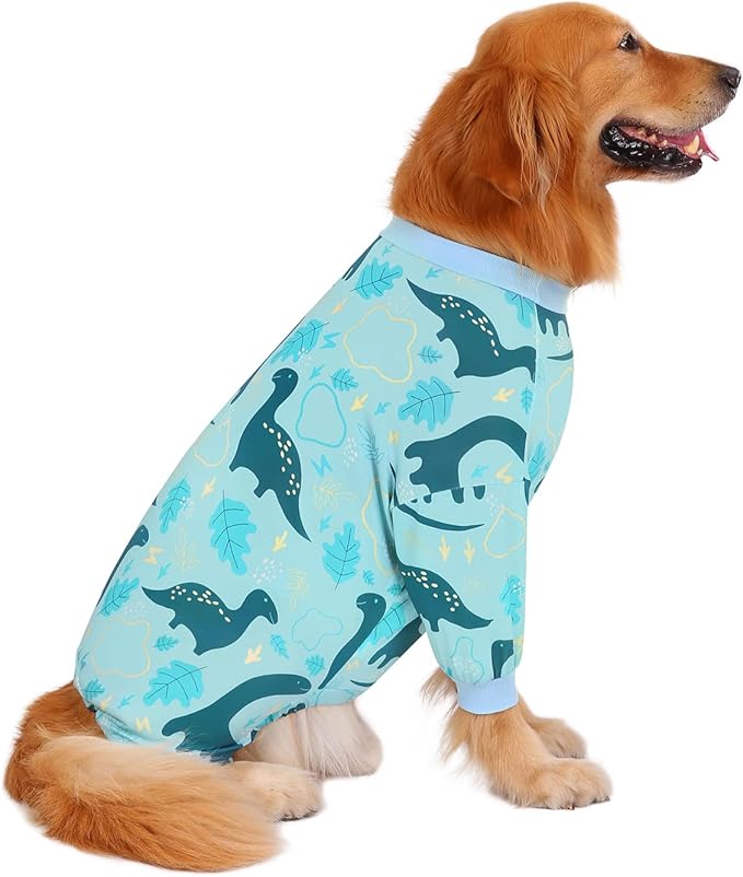HDE Dog Pajamas One Piece Jammies Jumpsuit Pet Clothes Outfit Stretchy Lightweight Comfy Shirt Pjs for M-3XL Dogs Dinosaurs - XXL