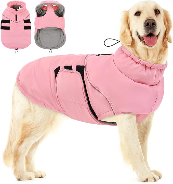 Peferhouse Extra-Large Dog Winter Coat, Warm Pink XL Reflective Jacket with Harness Hole