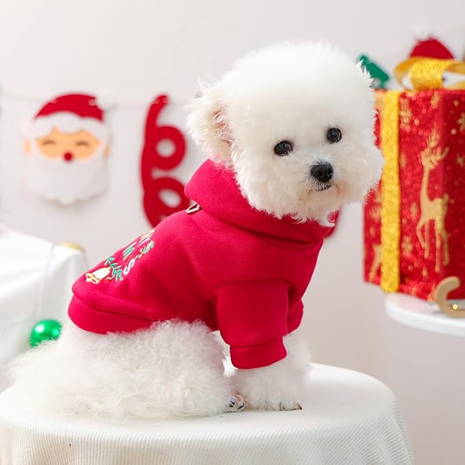 Christmas Dog Hoodies with D-Ring Festive Cat Outfit Fall Winer Puppy Clothes for Small Dog Girl Boy Pet Cold Weather Sweatshirt Coat for Pomeranian Chihuahua Yorkie (Red, X-Small)