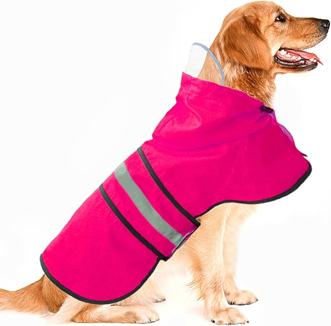 Dog Raincoat Waterproof Reflective Slicker - Lightweight Breathable Hooded Poncho Rain Coat Jacket with Adjustable Belly Strap and Leash Hole for Small Medium Large Dogs (Pink, X-Large)