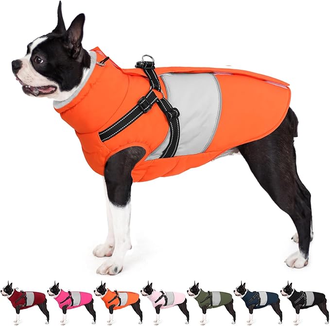 AOFITEE Dog Coat, Waterproof Dog Jacket Winter, Dogs Coat with Harness Built in, Warm Dogs Puffer Jacket with Zipper, Reflective Pet Snowsuit Sweater for Dachshund, French Bulldog, Boston Terrier, M