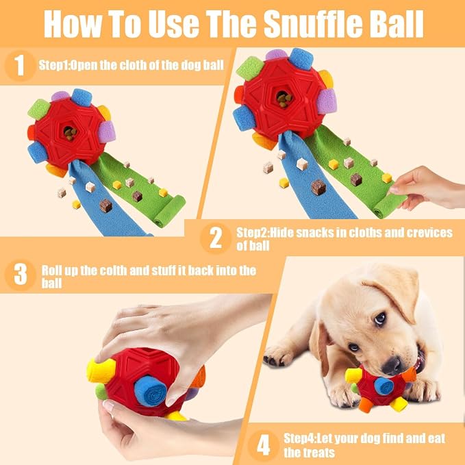 Dog Snuffle Ball-Interactive Puzzle Dog Toys Encourage Natural Foraging Skills Slow Feeder for Training and Stress Relief, Cloth Strip Hiding Food Chew Toys for Any Size Dogs, Machine Washable (Red)