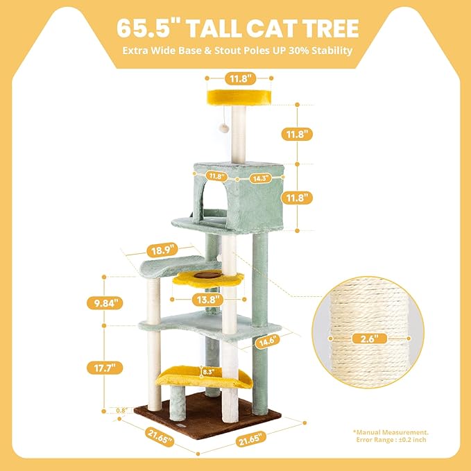 HYABi 65.5 Inch Sunflower Cat Tree Tower Multi-Level Cat Condo with Plush Scratching Posts, Toy Balls, and Pet House, Indoor Play Platform for Large Adult Cats, Cute Sunflower Design