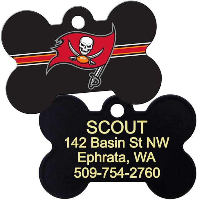 GoTags Personalized Tampa Bay Buccaneers Dog Tag, Brass Metal Bone Shape Pet ID Tag Engraved with Name and Custom Text, Every NFL Football Team Pet Apparel (Large)