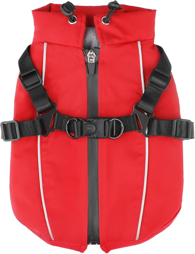 Dog Winter Coat Reflective Water-Resistant Jacket, Fleece Lined Windproof Puppy Coat with Back Zipper & D-Ring, Cold Weather Dog Coats for Small Medium Dogs (L, Red)