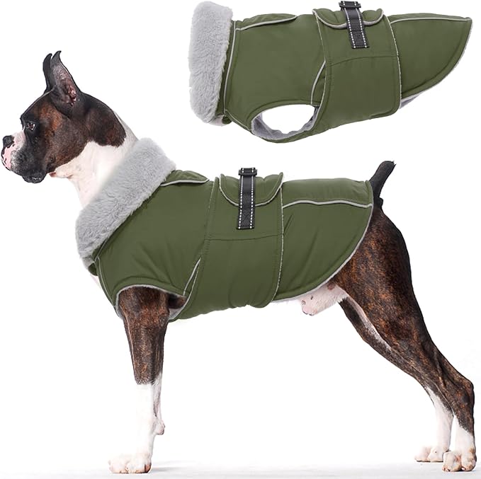 Lelepet Warm Dog Coat Reflective Fleece Vest Waterproof Dog Jacket with Adjustable Buckle Hook & Loop Windproof Cold Weather Coats for Small Medium Large Dogs, Army Green, S