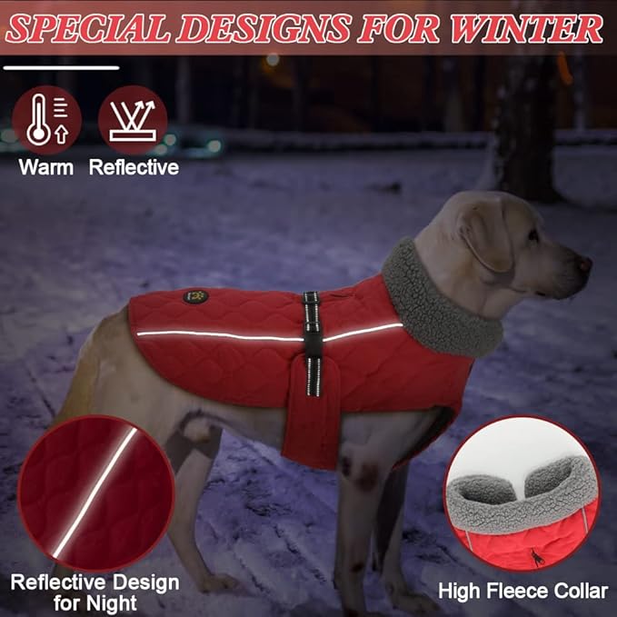 Dog Jackets, Furry Collar Winter Coats for Dogs with Fleece Lining, Water Resistant Reflective Winter Dog Jackets, Adjustable Warm Windproof Pet Coats for Large Dogs, Red L