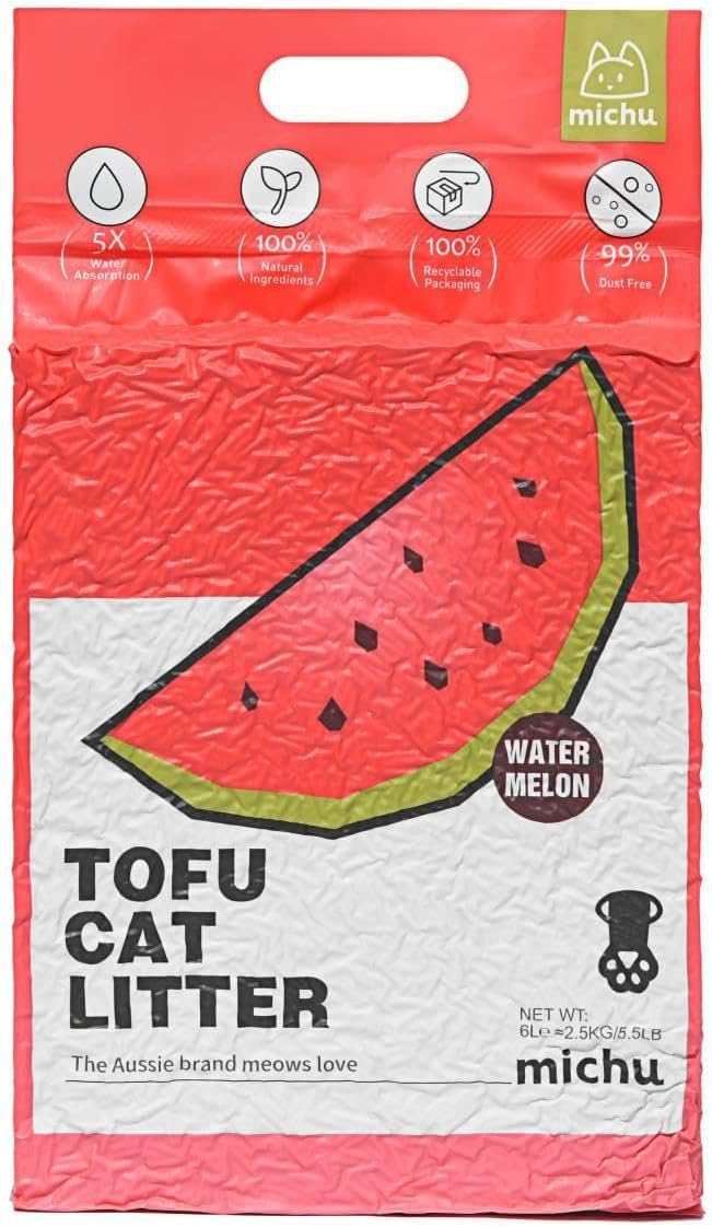 Michu Tofu Cat Litter Natural Clumping Tofu Cat Litter, Fast Clumping and Easily Scoop-able 5.5lb/88oz 5 Scents - Watermelon, 2 Pack
