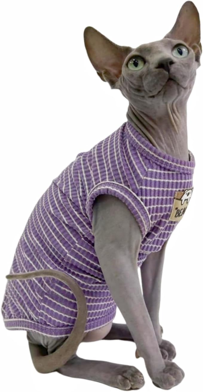 Sphynx Cat Clothes Vest for Hairless Cat, Rib Knit Stripe Cats T-Shirt Apparel, Kitten Summer Cotton Shirts Sleeveless for Cornish Rex, Devon Rex, Peterbald (Purple, M (5.5-7.2 lbs))