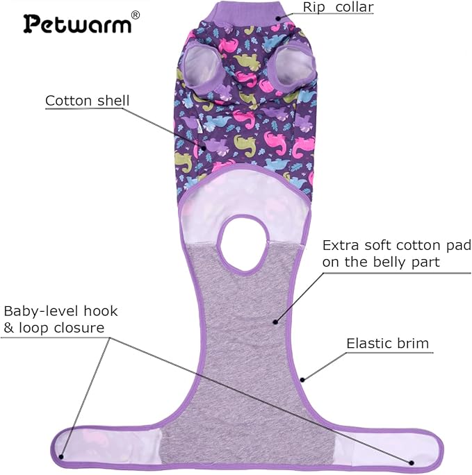 PetWarm Dog Surgical Suit Female Spay, Onesie for Dogs After Surgery, Substitute E-Collar and Cone, Pet Surgery Recovery Suit, Anti-Licking Dog Surgery Recovery Suit Soft, Dinosaur Pattern, Purple, M