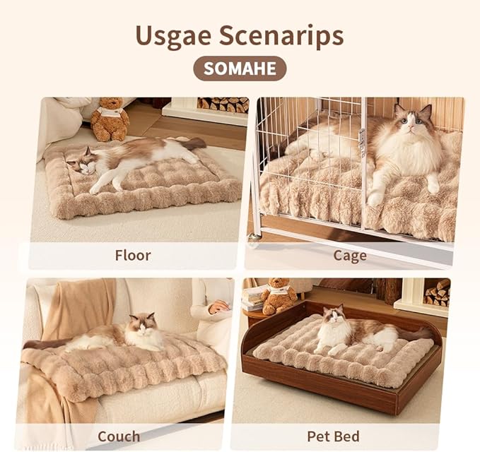 SOMAHE Self-Warming Cat Bed, Plush Faux Fur Pet Bed Mat with Anti-Slip Bottom, Ultra Soft Heated Pad for Cats & Kittens, Cozy Fluffy Bed for Window & Sills Couches, Machine Washable, 23x15 Inch Coffee