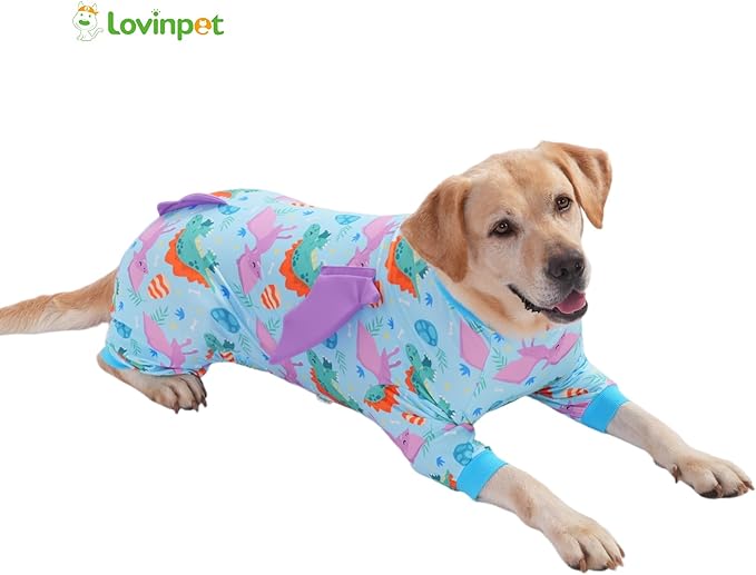 LovinPet Large Dog Pajamas, Four-Leg Stretch Onesie Bodysuit, Lightweight UV-Shielding Pajamas, Anti-Lick Calming Recovery Suit for Surgery, 3D Dino Wing Design with Soft Spikes， Blue Purple， XL