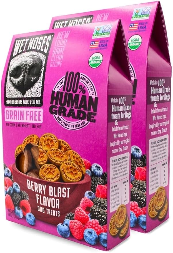 Wet Noses Organic Crunchy Dog Treats Grain Free – All-Natural, Human-Grade, Non-GMO, Healthy Training & Delicious Snacks for Dogs, for All Dog Sizes & Breeds – Berry Blast, 14oz (2 Pack)