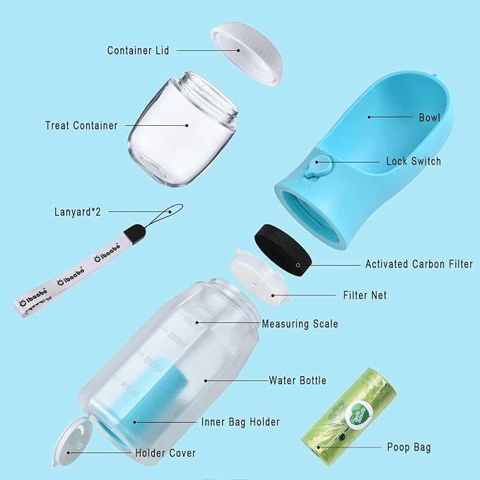 Cibaabo Dog Water Bottle with Food Container & Poop Bag Holder & Filter | Feeding & Hydration & Waste All in One | Travel Puppy Water Bowl | Portable Pet Dispenser | Dog Gifts | for Walking Beach