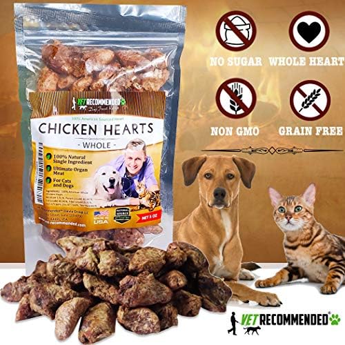 Vet Recommended Premium Whole Chicken Hearts for Dogs and Cats (5oz Bag), Freeze Dried Natural Dog Treats - Perfect Organ Meat for Pets, Human Grade, Natural Source of Taurine, USA Made. (Pack of 3)