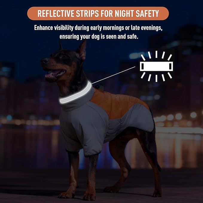 Dog Coats for Large Dogs, Warm Winter Coat with Built-in Harness & D-Ring, Reflective Turtleneck Waterproof Snow Jacket, Back Zipper Fleece Vest for Cold Weather (Grey Orange, 3XL)