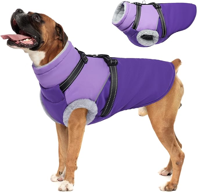 Dog Coat with Harness Built, Dog Winter Jacket with Zipper Closure, Warm Pet Fleece Puffer Coat with Reflective Strips & Furry Collar, Waterproof Snowsuit for Medium Large Dogs - Purple XXL