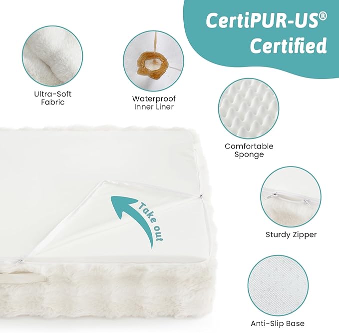 COZY KISS Orthopedic Dog Bed for Large Medium Size Dog, Soft and Warm Faux Fur Sofa for Pet Up to 75 lbs, Foam Bolster Anti-Slip Couch with Washable Removable Cover, L 36x27x6.5 inch, Beige