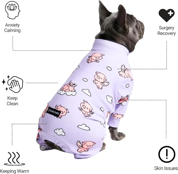Spark Paws Dog Pajama, Dog Recovery Suit Male, Onesie, Ultra-Soft and 4-Way Stretch, for Small Medium and Large Breeds - When Pigs Fly - Purple - S