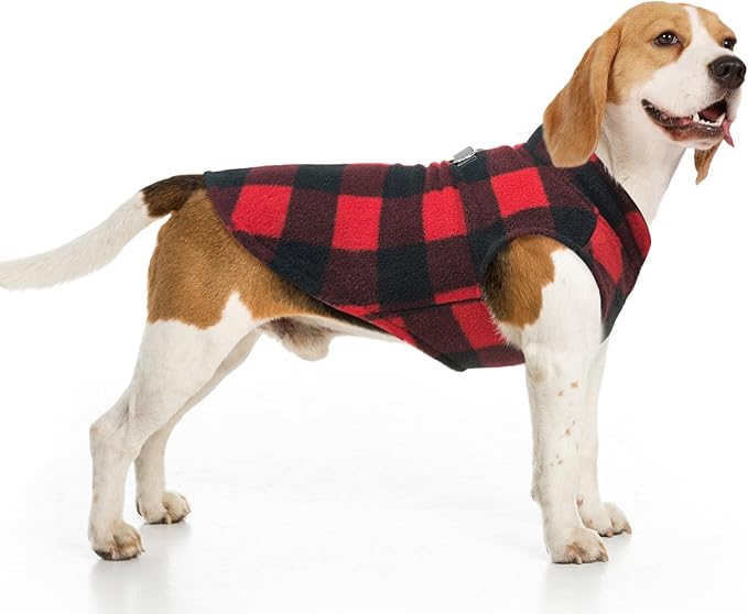 BEAUTYZOO Small Dog Sweater Fleece Vest Winter Jacket, D-Ring Leash Attachment for XS S Puppy Medium Sized Breeds Dogs, Cold Weather Dog Clothes Windproof Keep Warm, Christmas Red Plaid XL