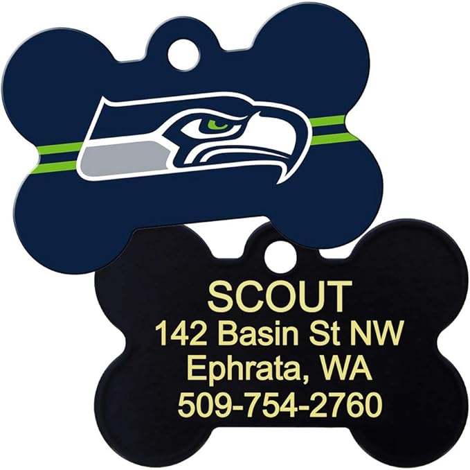 GoTags Personalized Seattle Seahawks Dog Tag, Brass Metal Bone Shape Pet ID Tag Engraved with Name and Custom Text, Every NFL Football Team Pet Apparel (Large)