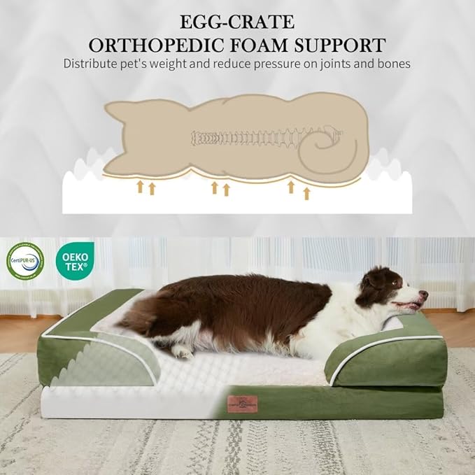 Comfort Expression Orthopedic Dog Bed for Extra Large Dogs 53x42 Inch, Waterproof Egg Crate Foam XXL Pet Bed with Removable Bolsters, Dog Couch with Washable Cover & Non-Slip Bottom, Light Green