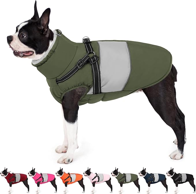 AOFITEE Small Dog Coat, Dog Winter Coat with Harness Built in, Warm Dogs Jacket with Zipper & Polar Fleece Collar, Waterproof Pet Snow Jacket Snowsuit for Schnauzer, Chihuahua Yorkshire, S