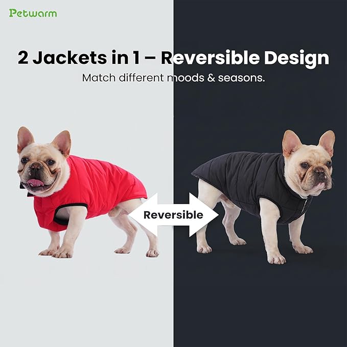 PetWarm Reversible Dog Winter Coat, Windproof Dog Puffer Vest, Soft Vest for Dogs with Hook-and-Loop Strap for Easy Dressing, Waterproof Coat for Dogs with Adjustable Fit, Red, 2XL