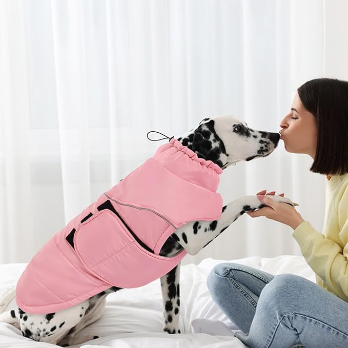 Peferhouse Dog Winter Coat - Warm, Windproof, Reflective Jacket with Harness Hole - Thick Dog Vest - Pink, Large