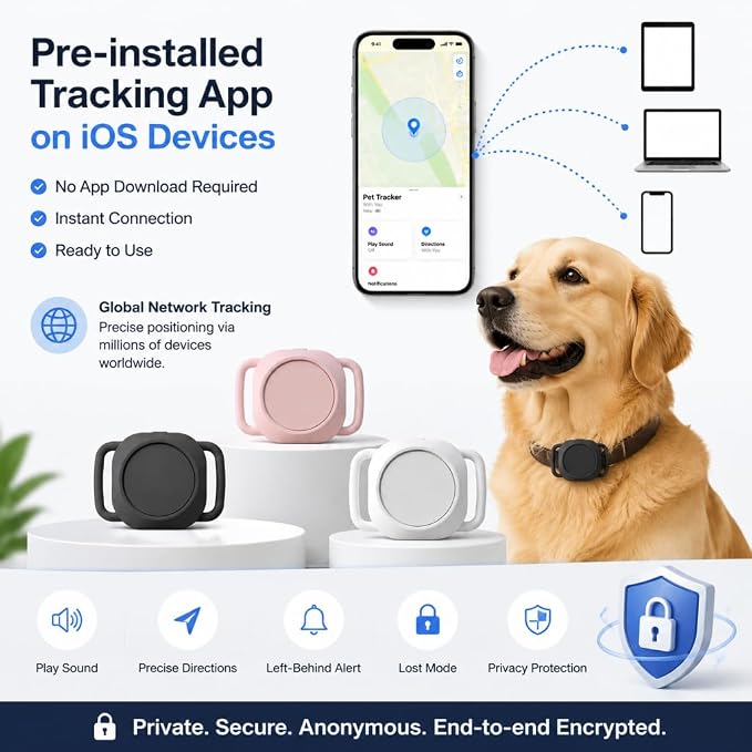 GPS Dog Collar Tracker - Pet GPS Tracker Works with iOS Devices (No App Needed), Lightweight Dog GPS Tracker, GPS Dog Collar No Monthly Fee with Long Battery & Cat GPS Collar (Black)