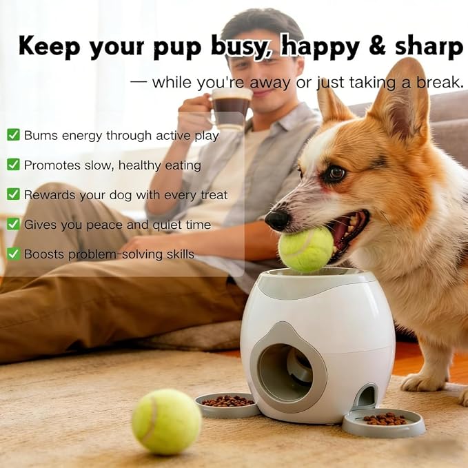 Dog Tennis Ball Launcher with Treat Dispenser, Interactive Puzzle Toy for Dogs, 2-in-1 Fetch Training Machine, Slow Feeder Reward Toy for Medium Large Dogs Indoor Outdoor(A)