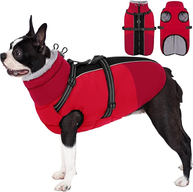 AOFITEE Small Dog Coat, Waterproof Dog Winter Jacket with Harness Built in, Warm Fleece Lined Dogs Jacket for Cold Weather, Reflective Pet Snow Jackets with Zipper for Yorkshire, Schnauzer,Red S