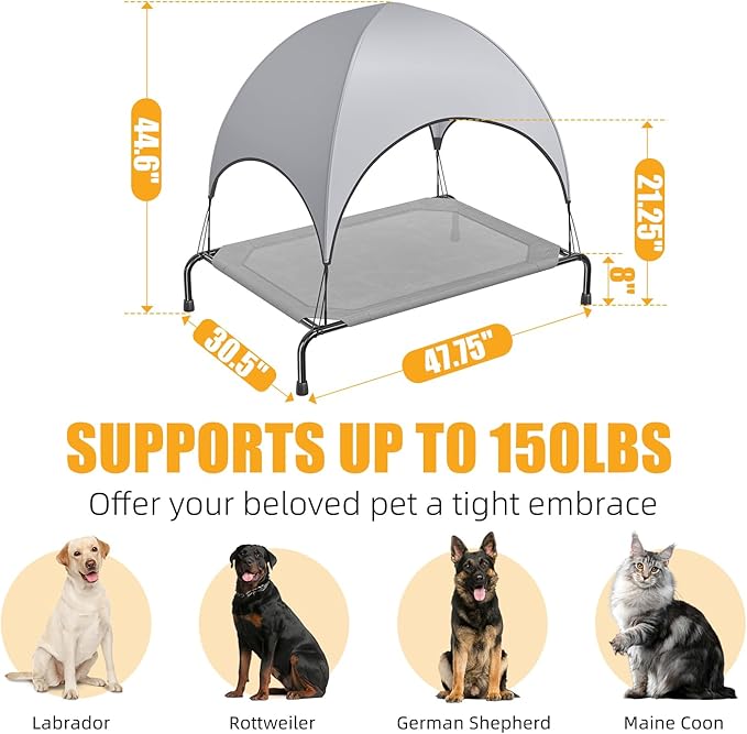 Simple Trending Raised Dog Bed for Large Dogs with Canopy, Waterproof Elevated Dog Bed, Breathable Big Pet Cot, Grey