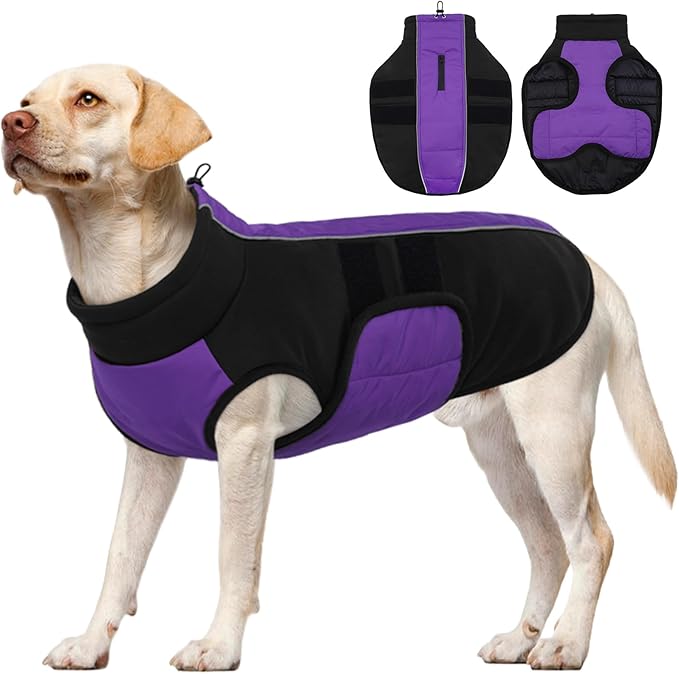 Kuoser Large Dog Coat, Winter Waterproof Dog Jackets for Large Dogs, Reflective Doggie Vest with Leash Hole, Cold Weather Coats Pet Snow Jacket for Labrador Beagle, Purple XXL