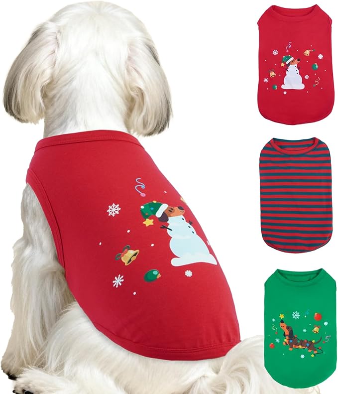 3 Pack Dog Shirt for Christmas Day,Sleeveless Xmas Tank Tops with Dachshund Print & Stripes,Autumn Winter Soft Inner Wear,Funny T-Shirt for Festival Party (Red&Green,M)