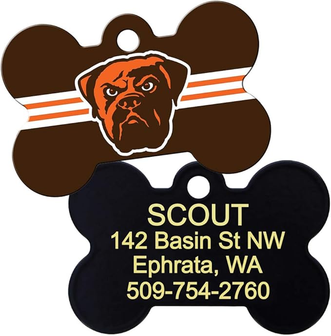 GoTags Personalized Cleveland Browns Dog Tag, Brass Metal Bone Shape Pet ID Tag Engraved with Name and Custom Text, Every NFL Football Team Pet Apparel (Large)